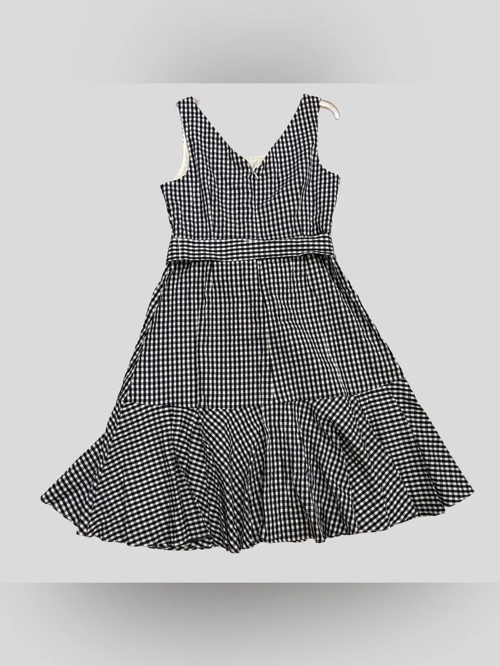 J. Crew JCrew Sleeveless Navy and White Gingham Tie-Waist Ruffle Hem Dress Sz 14